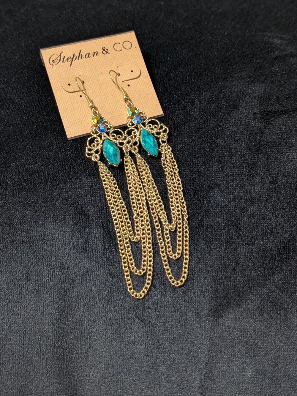 Gold Tassel Earrings with Teal Stones